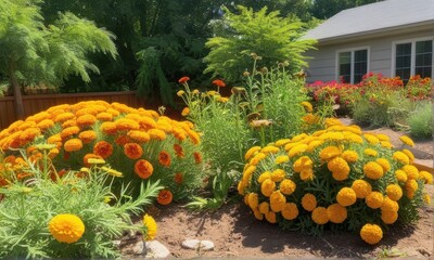 Lush Garden with Orange Marigolds and Greenery Under Natural Sunlight near Residential Building