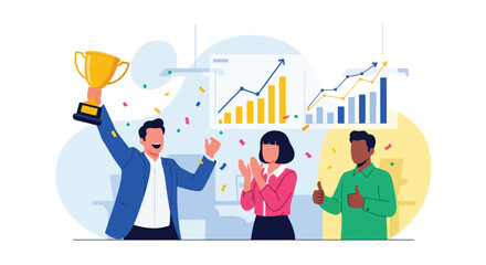 Flat style vector illustration of a business team celebrating success with a trophy, symbolizing achievement, teamwork, leadership, corporate growth, and motivation in the workplace