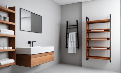 Modern Bathroom Interior with White Sink Brown Cabinetry and Wooden Shelves