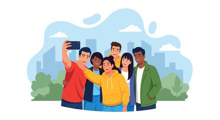 Flat style vector illustration of a group of friends taking a selfie outdoors, symbolizing friendship, fun, connection, youth lifestyle, and happy moments together in the city.