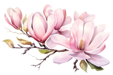 Obraz premium Elegant Watercolor Magnolia Branch with Pink Flowers Isolated on White.