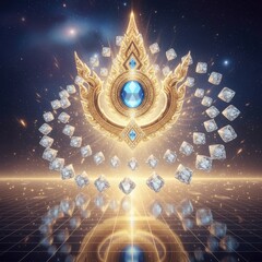 Golden Thai ornamental emblem with radiant blue gemstone and floating diamond crystals