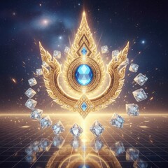 Golden Thai ornamental emblem with radiant blue gemstone and floating diamond crystals