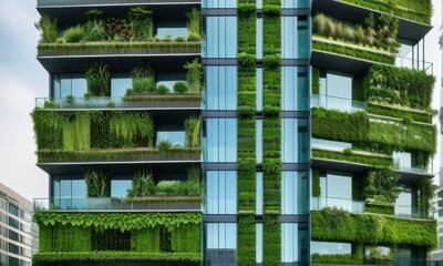 Modern Green Building Facade with Lush Vertical Gardens And Glass Windows in Daylight