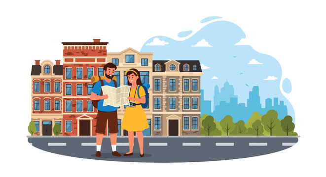 Flat style vector illustration of two tourists reading a map in front of historic European architecture, symbolizing travel, exploration, sightseeing, and cultural adventure