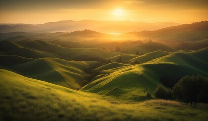 Fototapeta premium Rolling hills of California's northern tip bathed in golden sunset glow creating enchanting serene landscape with green grass over undulating terrain