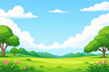 Obraz premium Cartoon landscape with green grass, trees, flowers, rolling hills, and blue sky.