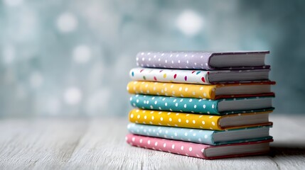 A stack of colorful polka dot books on a wooden surface with a soft blurred background