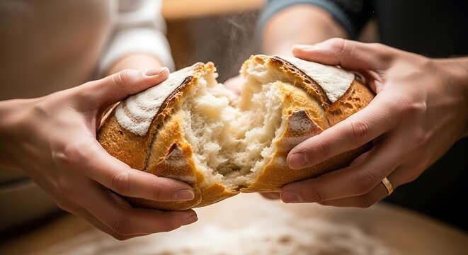 Hands Carefully Tearing Apart Freshly Baked Artisan Loaf Of Bread