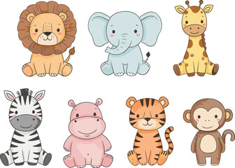 Cute cartoon jungle animals illustration, lion elephant giraffe zebra hippo tiger monkey vector, safari wildlife drawing for kids education