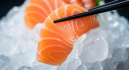 Fresh salmon sashimi on ice with chopsticks, closeup view