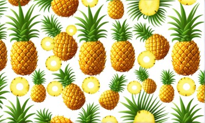 Seamless Pattern of Ripe Pineapples with Green Leaves and Sliced Rings on White Background