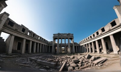 Ruined Ancient Stone Building Interior with Columns and Rubble Against a Blue Sky