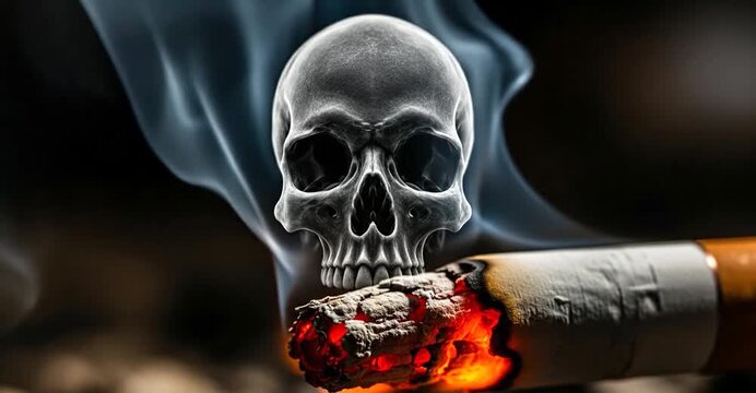 Grim reminder! Smoking cigarette with burning skull animation conveys fatal danger