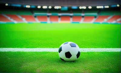 Soccer Ball on Green Field at Stadium with Bright Lights and Seating Area Blurred Background
