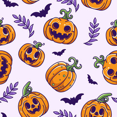 A vibrant Halloween-themed pattern featuring smiling jack-o'-lanterns, bats, and purple foliage on a light background.
