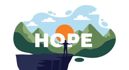 Flat style vector illustration of a person standing on a cliff with arms wide open toward mountains and sunrise with the word hope, symbolizing freedom, optimism, and new beginnings
