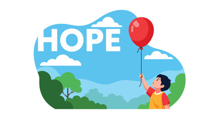 Flat style vector illustration of a child holding a balloon with the word hope, symbolizing innocence, dreams, optimism, and the uplifting spirit of a brighter future