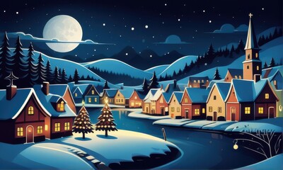 Snowy Village Scene Under a Full Moon at Night with Pixel Art Style