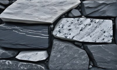Stacked Gray and Black Rock Wall Texture with Rough Surface and Natural Stone Arrangement