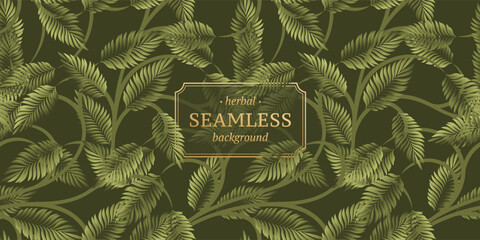 Abstract botanical seamless background with green leaves. Vector illustration for labels, textile and wrapping paper design.