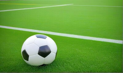 Soccer Ball Resting on Vibrant Green Artificial Turf Field with White Line Detail