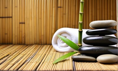 Stacked Stones on Rolled White Towel with Bamboo Background in Spa Setting