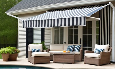 Striped Awning Covering Patio Furniture with Cushions on Paved Backyard during Sunny Day