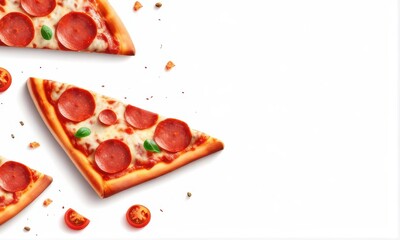 Three Slices Of Pepperoni Pizza On White Background with Herbs and Tomatoes