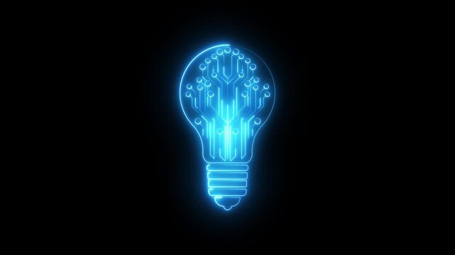 Bulb circuit icon glowing animation on black background, electricity and innovation concept, light bulb technology symbol, digital power energy design for science and education - Powered by Adobe