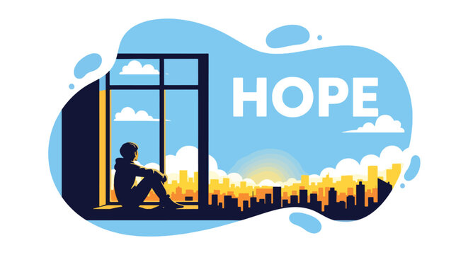 Flat style vector illustration of a person sitting by a window overlooking a city skyline at sunset with the word hope, symbolizing reflection, dreams, and optimism for the future