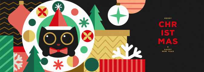 Christmas holiday flat poster or banner with funny cat, Christmas tree, gift box, baubles, and snowflakes. Holiday greeting card design. Vector illustration
