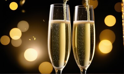 Two Champagne Glasses Being Filled Against a Bokeh Light Background