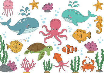 Cute cartoon sea animals, underwater marine life illustration, colorful ocean creatures clipart, adorable aquatic animals drawing, vector design
