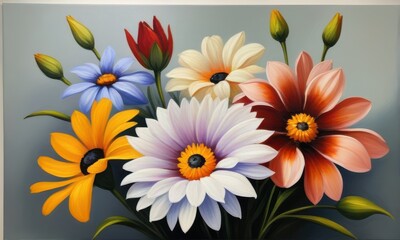 Vibrant Floral Arrangement with Multiple Daisy Flowers and Buds on Gray Background Still Life