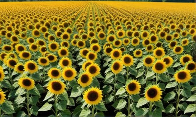 Vibrant Endless Field of Yellow Sunflowers Under the Sun in Full Bloom Cultivated