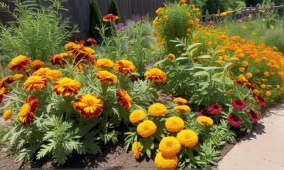 Vibrant Marigold Flowers with Green Leaves in Garden Border Under Natural Sunlight