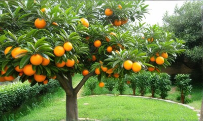 Vibrant Orange Tree with Lush Green Leaves in a Sunny Garden Setting