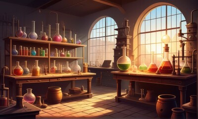Vintage Laboratory Interior with Glassware and Wooden Shelves in Soft Sunlight