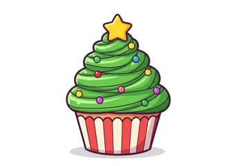 Green Christmas Tree Cupcake with Star and Ornaments image
