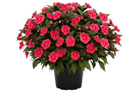 Lush bush of vibrant red impatiens flowers in a black pot isolated on a transparent background