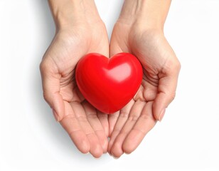 Fototapeta premium Cupped hands gently present a vibrant red heart symbol against a crisp white studio background, conveying messages of love, care, and health.