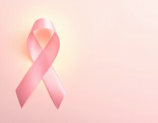 Vibrant pink ribbon forms a classic loop shape on a soft pastel pink background with ample empty copy space.