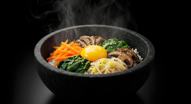 Hot Korean bibimbap in a stone bowl, colorful vegetables, runny egg yolk, steam rising dramatically, side perspective, dark black background."