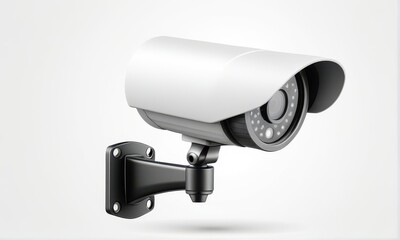 White Security Camera Mounted on Bracket with a Light Gray Background