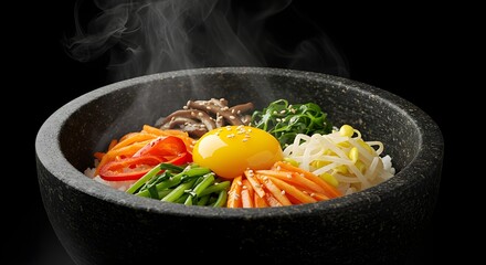 "A steaming bowl of Japanese ramen with soft-boiled egg, sliced pork, and fresh green onions, elegant plating, rising steam, side angle, minimal white background."