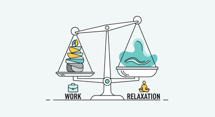 Illustration depicting the balance between work and relaxation, with symbolic elements.