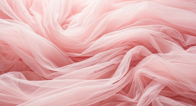 Soft pink tulle fabric draped in elegant folds, creating a delicate and ethereal texture, perfect for backgrounds or design elements