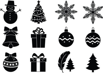 Christmas icons, snowman, decorated Christmas tree, snowflakes, holiday bell, gift box, ornament ball, festive feather, pine trees