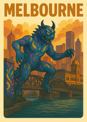 Vintage Style Travel Poster Of A Giant Blue Patterned Monster Kaiju Rampaging Through Melbourne Cityscape. Australian Destination Art, Urban Fantasy, Sci Fi Destruction